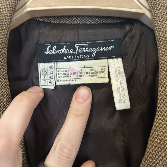 Salvatore‎ Ferragamo Women's Blazer Jacket Vintage Brown Linen Wool Cotton US 12 - Picture 2 of 9